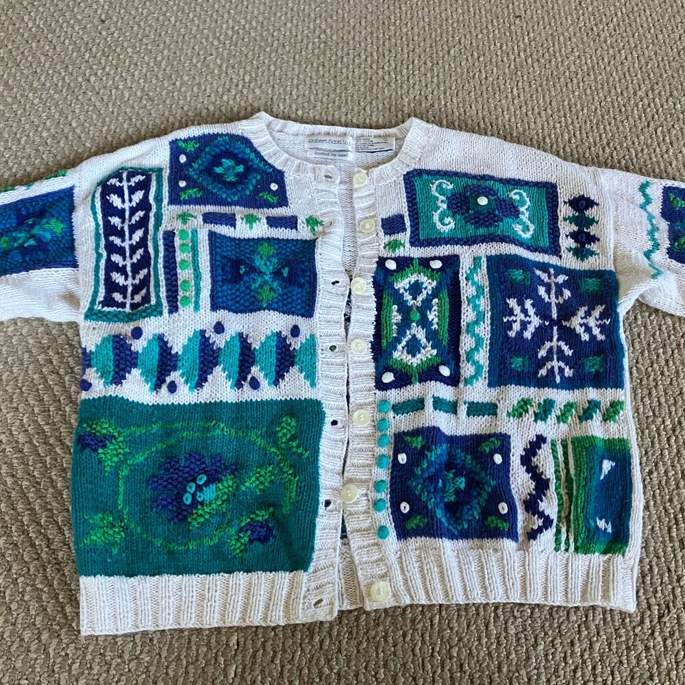 Vintage Robert Scott Geometric Cardigan Large Knit by Hand Cotton Ramie